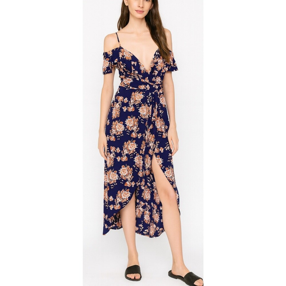 Lunik Navy Floral wrap Dress Casual cold shoulder floral maxi spaghetti strap